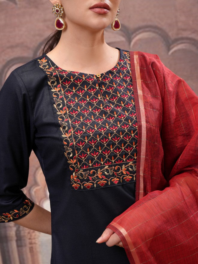 Vishudh Women Navy Blue Embroidered Kurta With Palazzo And Dupatta - Navy Blue - Image 5