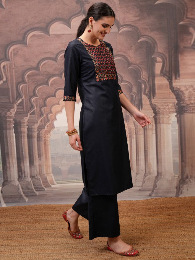 Vishudh Women Navy Blue Embroidered Kurta With Palazzo And Dupatta - Navy Blue - Image 6