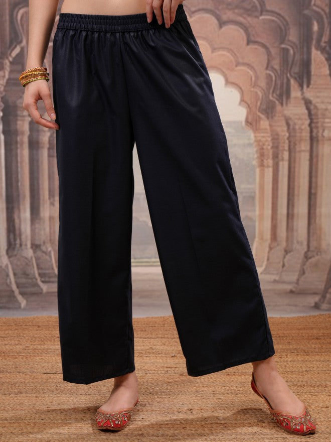 Vishudh Women Navy Blue Embroidered Kurta With Palazzo And Dupatta - Navy Blue - Image 8