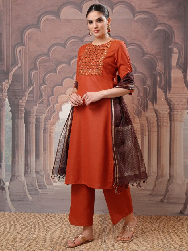 Vishudh Women Terracotta Embroidered Kurta With Palazzo And Dupatta - Terracotta - Image 2