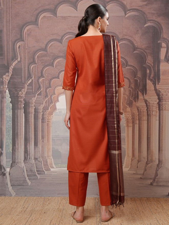 Vishudh Women Terracotta Embroidered Kurta With Palazzo And Dupatta - Terracotta - Image 3