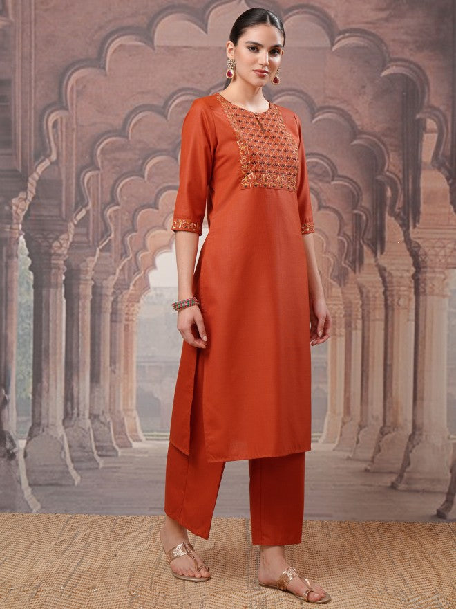 Vishudh Women Terracotta Embroidered Kurta With Palazzo And Dupatta - Terracotta - Image 4