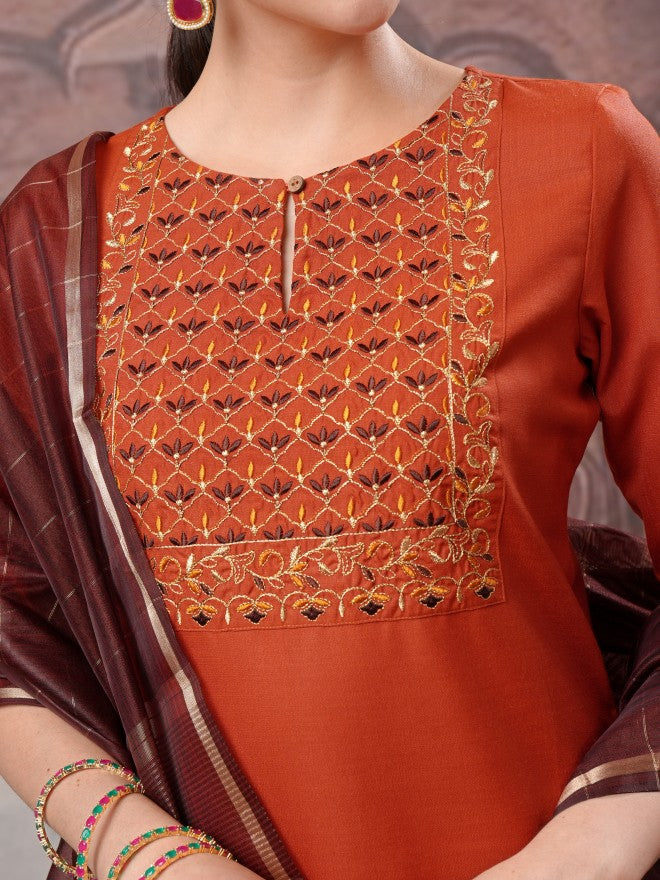Vishudh Women Terracotta Embroidered Kurta With Palazzo And Dupatta - Terracotta - Image 5