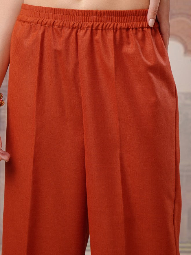 Vishudh Women Terracotta Embroidered Kurta With Palazzo And Dupatta - Terracotta - Image 6