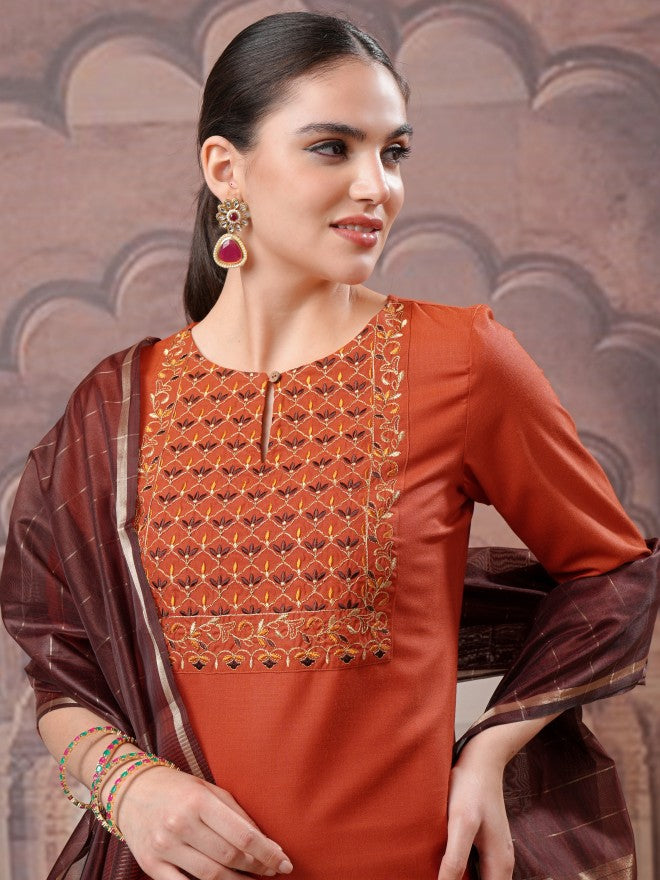 Vishudh Women Terracotta Embroidered Kurta With Palazzo And Dupatta - Terracotta - Image 8