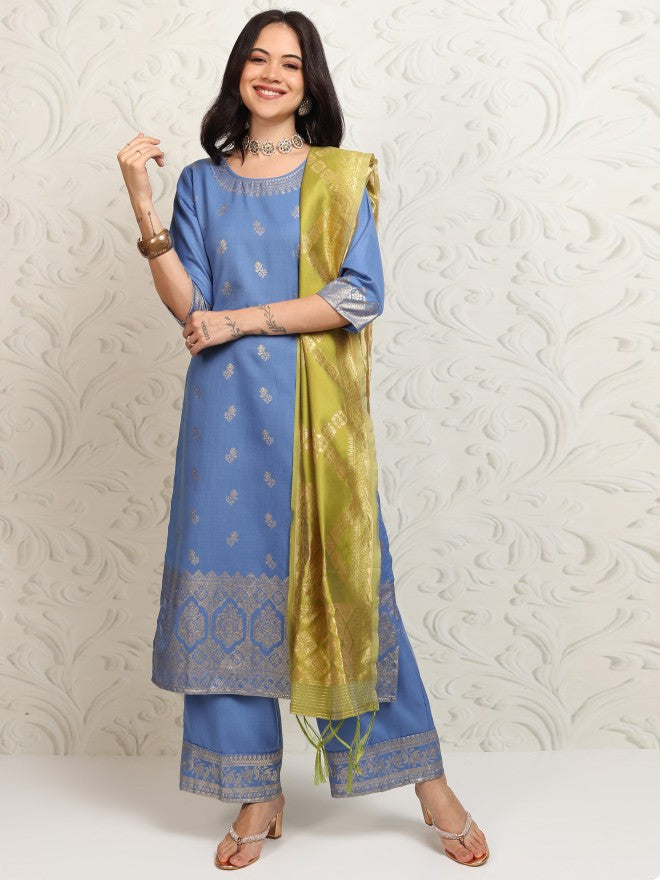 Vishudh Women Blue Printed Kurta With Palazzo And Dupatta - Blue - Image 2