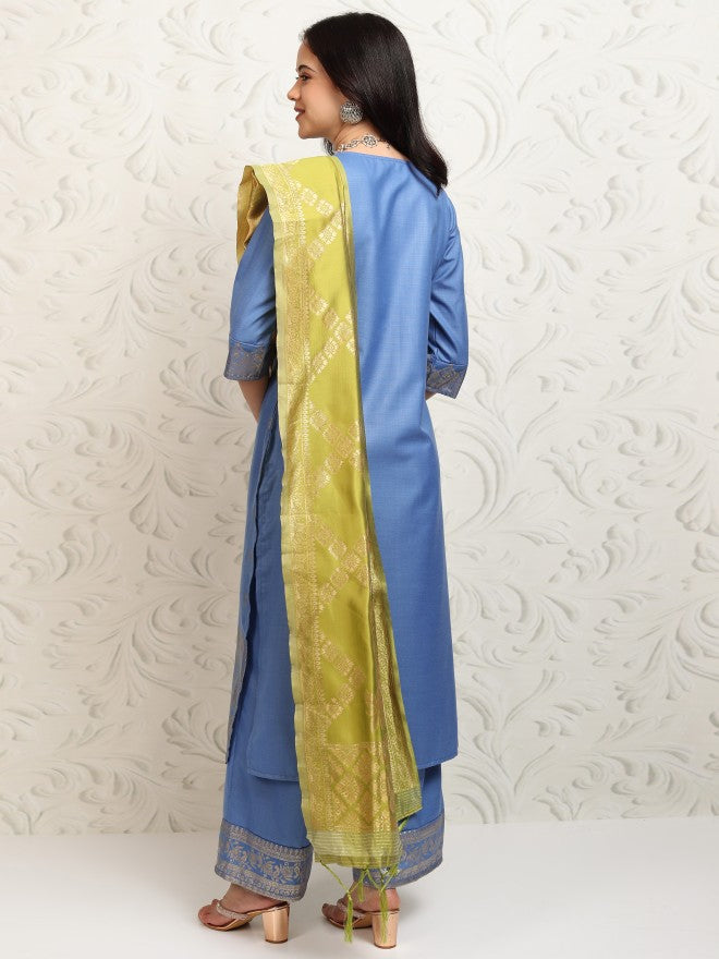 Vishudh Women Blue Printed Kurta With Palazzo And Dupatta - Blue - Image 3