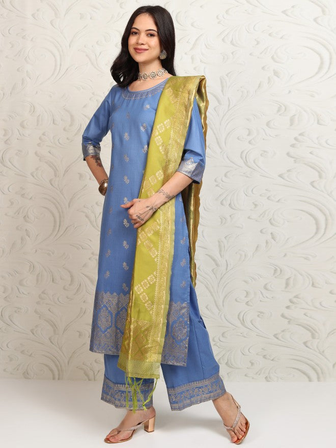 Vishudh Women Blue Printed Kurta With Palazzo And Dupatta - Blue - Image 4