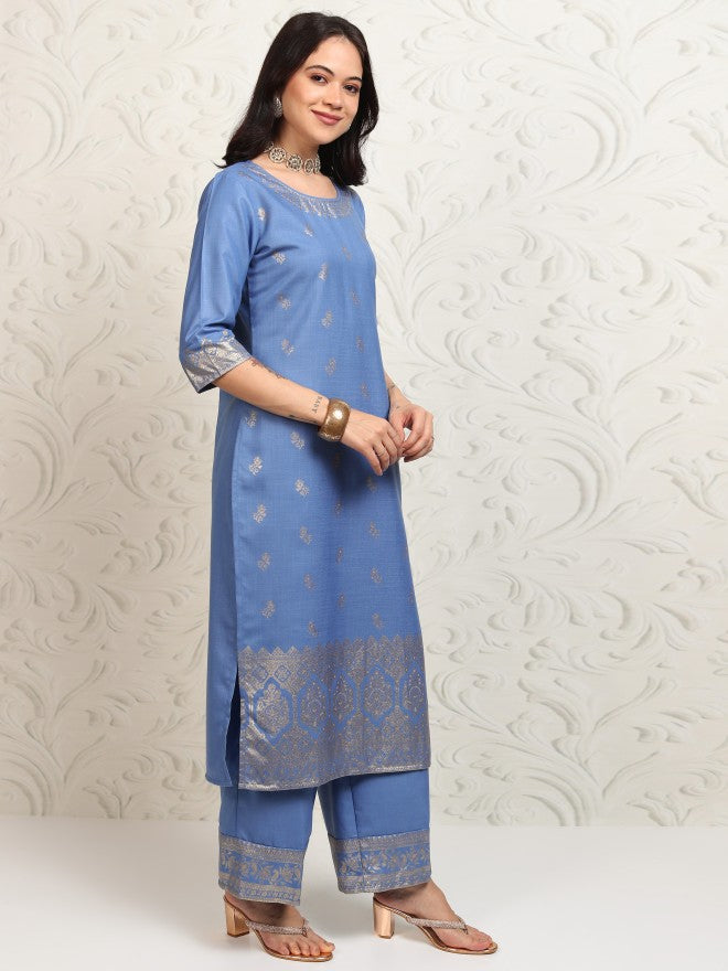 Vishudh Women Blue Printed Kurta With Palazzo And Dupatta - Blue - Image 6