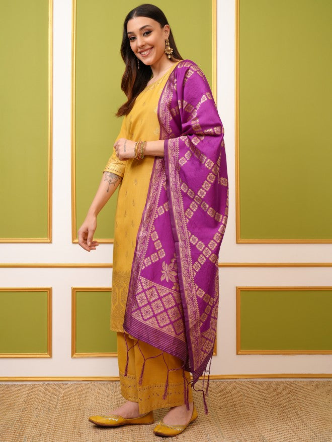 Vishudh Women Yellow Printed Kurta With Palazzo And Dupatta - Yellow - Image 2