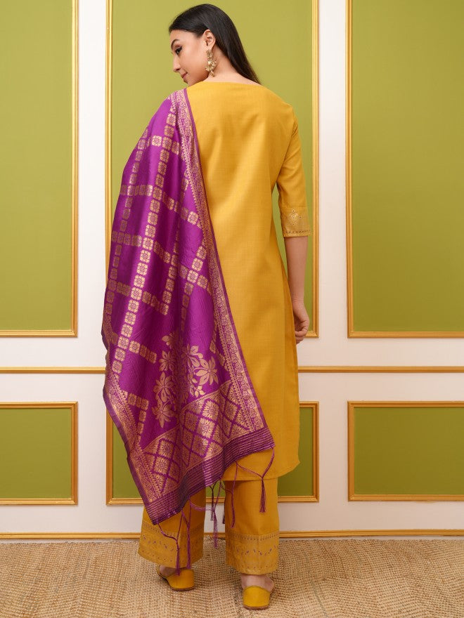 Vishudh Women Yellow Printed Kurta With Palazzo And Dupatta - Yellow - Image 3