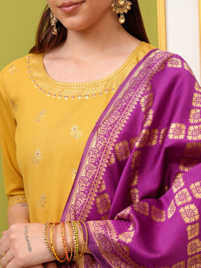 Vishudh Women Yellow Printed Kurta With Palazzo And Dupatta - Yellow - Image 5