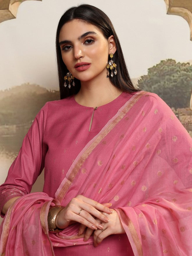 Vishudh Women Coral Printed Kurta With Palazzos And Dupatta - Coral - Image 1