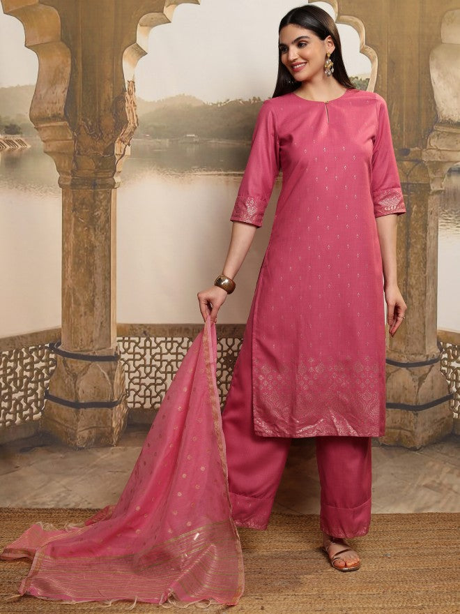 Vishudh Women Coral Printed Kurta With Palazzos And Dupatta - Coral - Image 2