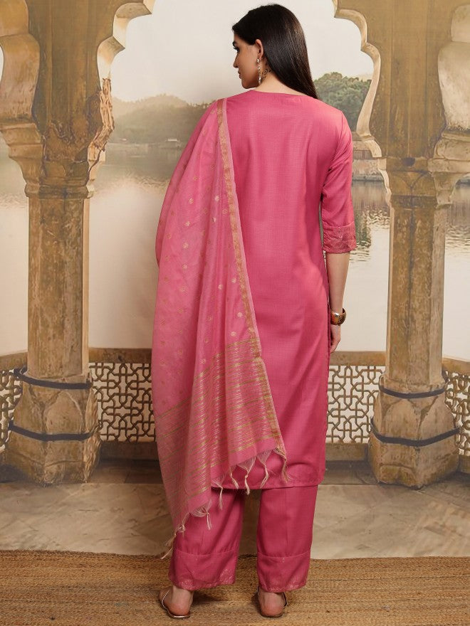Vishudh Women Coral Printed Kurta With Palazzos And Dupatta - Coral - Image 3