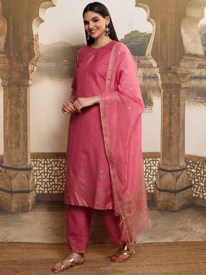 Vishudh Women Coral Printed Kurta With Palazzos And Dupatta - Coral - Image 4