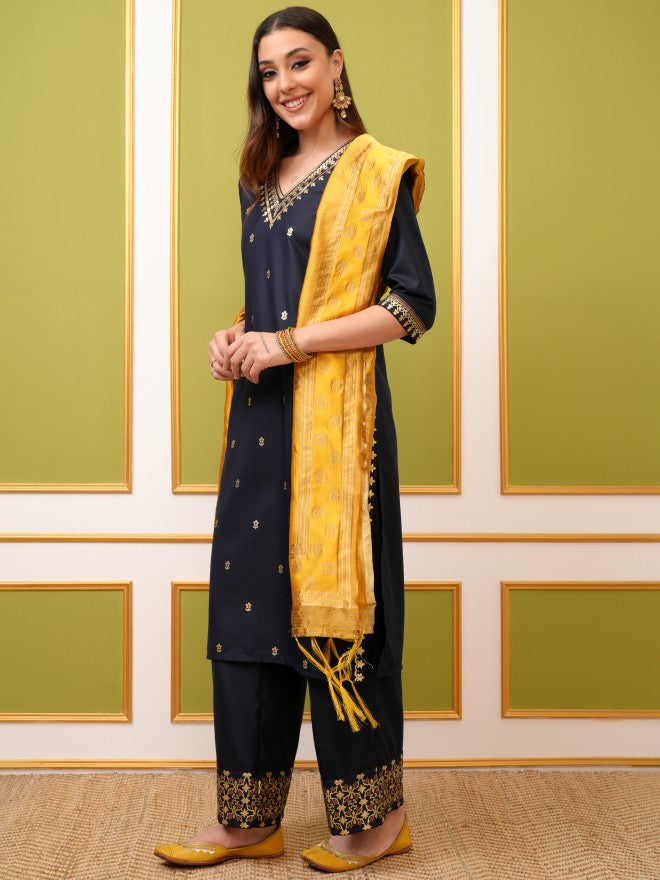 Vishudh Women Navy Blue Printed Kurta With Palazzo And Dupatta - Navy Blue - Image 2
