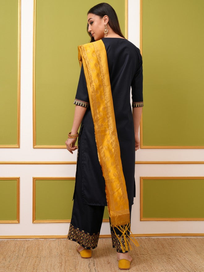 Vishudh Women Navy Blue Printed Kurta With Palazzo And Dupatta - Navy Blue - Image 3
