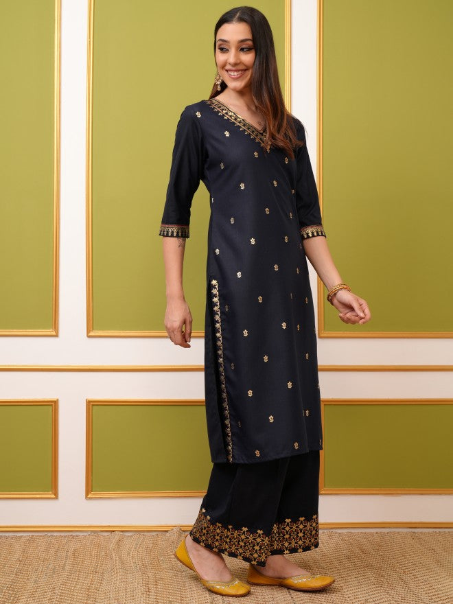 Vishudh Women Navy Blue Printed Kurta With Palazzo And Dupatta - Navy Blue - Image 4