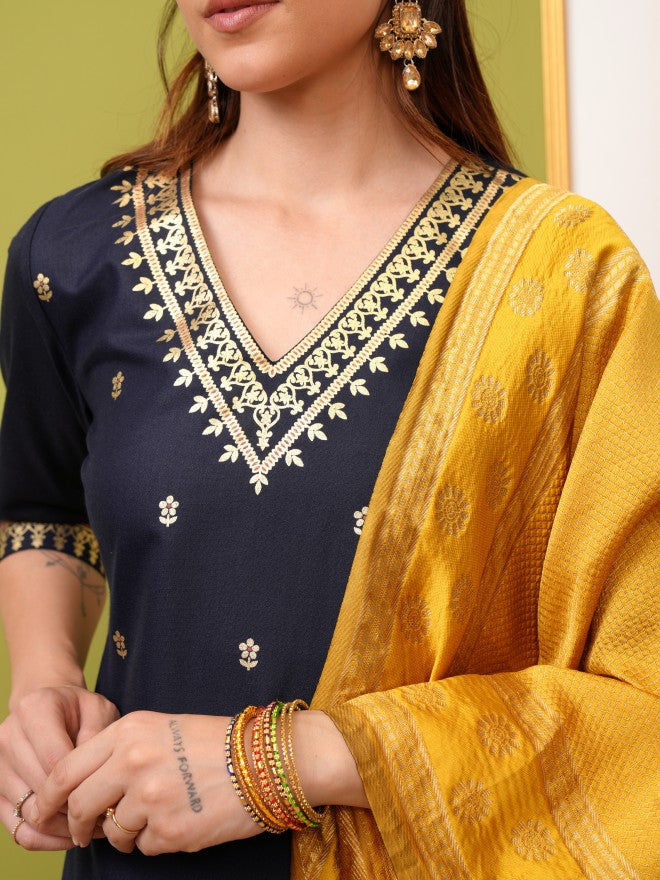 Vishudh Women Navy Blue Printed Kurta With Palazzo And Dupatta - Navy Blue - Image 5