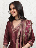 Vishudh Women Burgundy Printed Kurta With Palazzo And Dupatta - Burgundy - Image 1