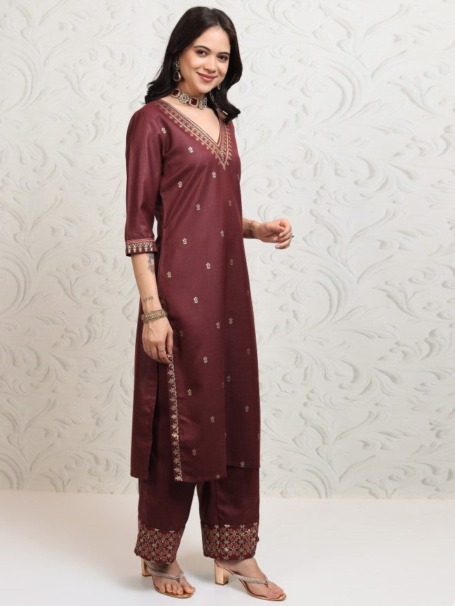 Vishudh Women Burgundy Printed Kurta With Palazzo And Dupatta - Burgundy - Image 6