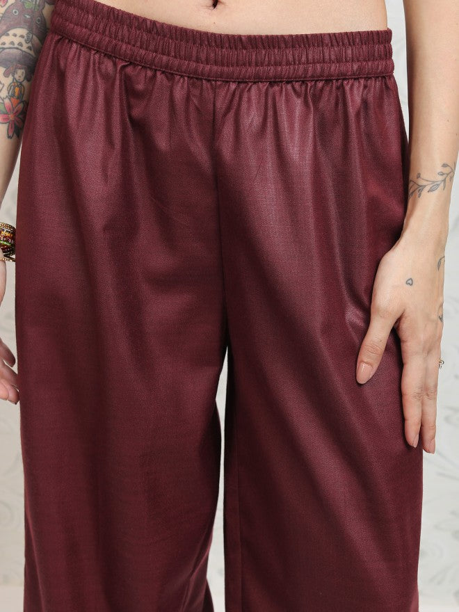 Vishudh Women Burgundy Printed Kurta With Palazzo And Dupatta - Burgundy - Image 7