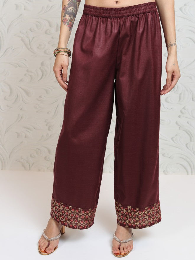 Vishudh Women Burgundy Printed Kurta With Palazzo And Dupatta - Burgundy - Image 8