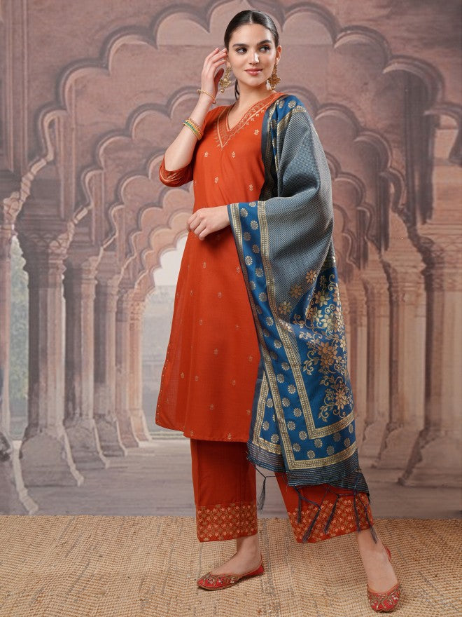 Vishudh Women Terracotta Embroidered Kurta With Palazzo And Dupatta - Terracotta - Image 2