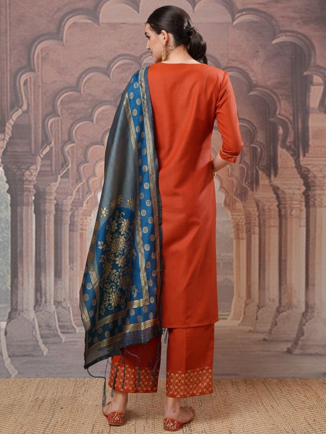 Vishudh Women Terracotta Embroidered Kurta With Palazzo And Dupatta - Terracotta - Image 3
