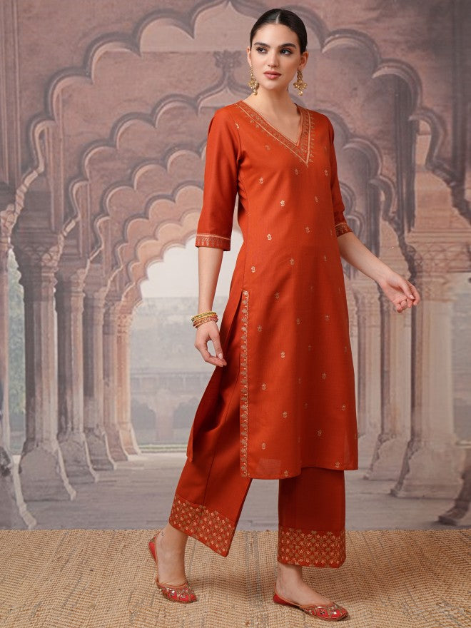 Vishudh Women Terracotta Embroidered Kurta With Palazzo And Dupatta - Terracotta - Image 4