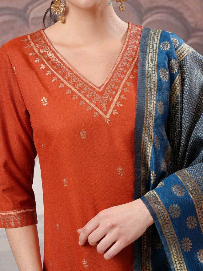 Vishudh Women Terracotta Embroidered Kurta With Palazzo And Dupatta - Terracotta - Image 5