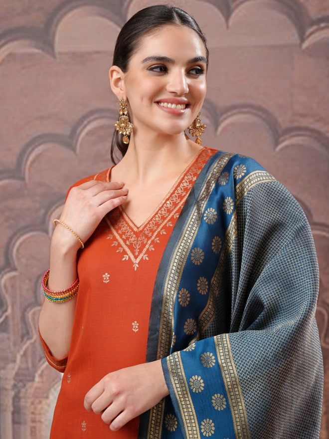 Vishudh Women Terracotta Embroidered Kurta With Palazzo And Dupatta - Terracotta - Image 8