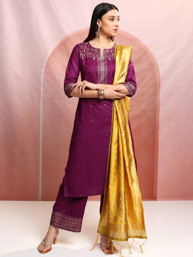 Vishudh Women Magenta Printed Kurta With Palazzo And Dupatta - Magenta - Image 2