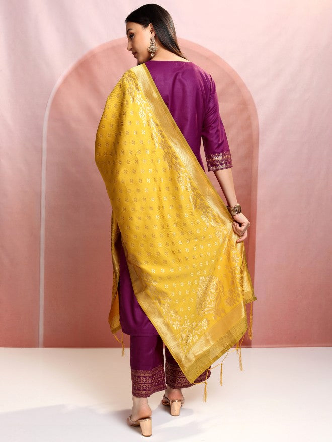 Vishudh Women Magenta Printed Kurta With Palazzo And Dupatta - Magenta - Image 3