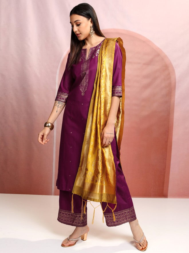 Vishudh Women Magenta Printed Kurta With Palazzo And Dupatta - Magenta - Image 4