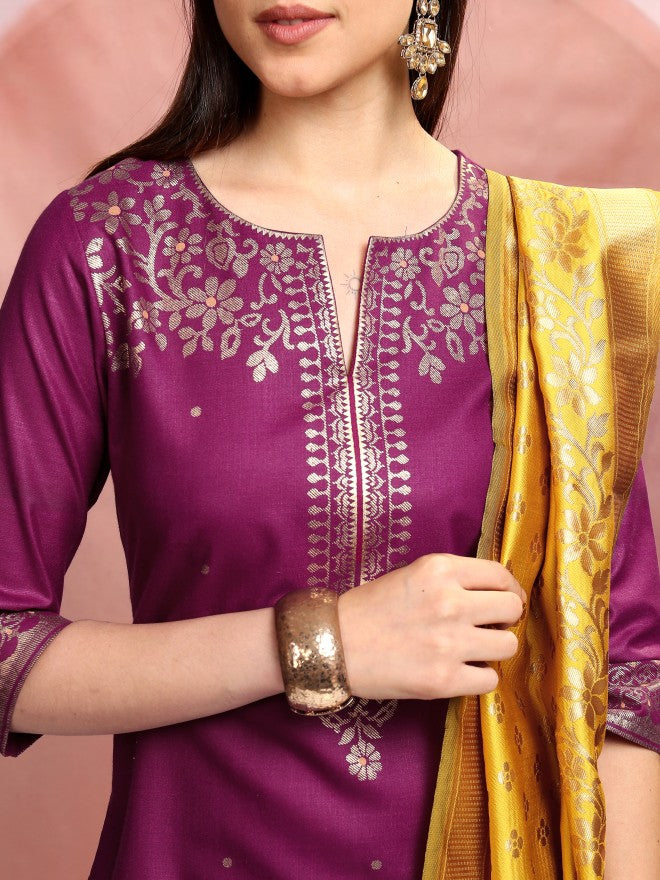 Vishudh Women Magenta Printed Kurta With Palazzo And Dupatta - Magenta - Image 5
