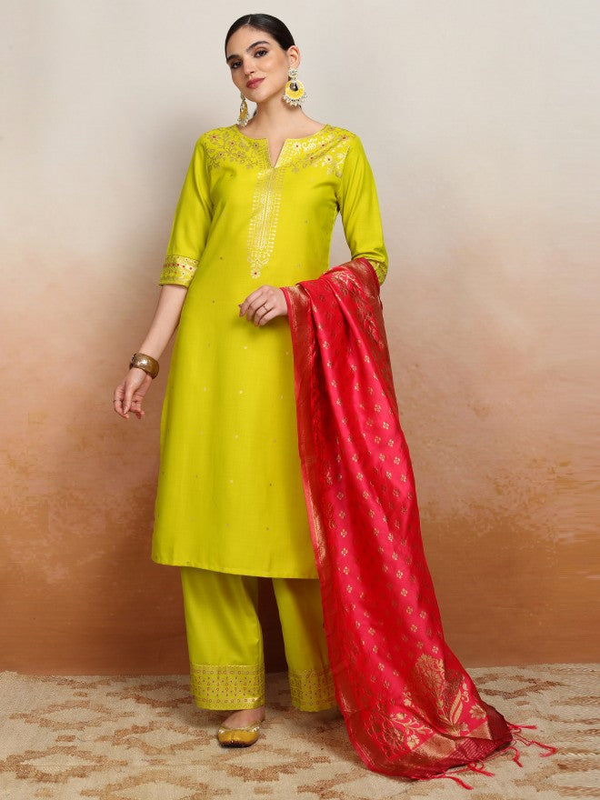 Vishudh Women Yellow Printed Kurta With Palazzo And Dupatta - Yellow - Image 1