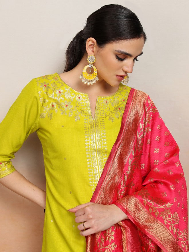 Vishudh Women Yellow Printed Kurta With Palazzo And Dupatta - Yellow - Image 2