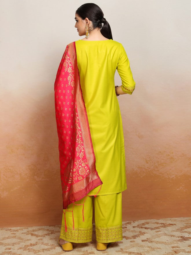 Vishudh Women Yellow Printed Kurta With Palazzo And Dupatta - Yellow - Image 3