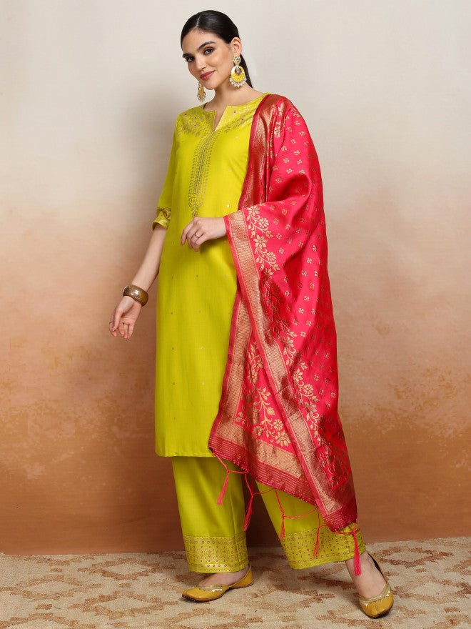 Vishudh Women Yellow Printed Kurta With Palazzo And Dupatta - Yellow - Image 4