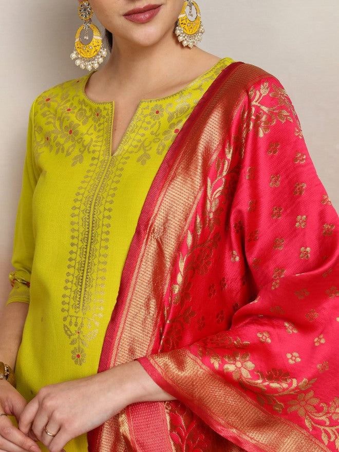 Vishudh Women Yellow Printed Kurta With Palazzo And Dupatta - Yellow - Image 5
