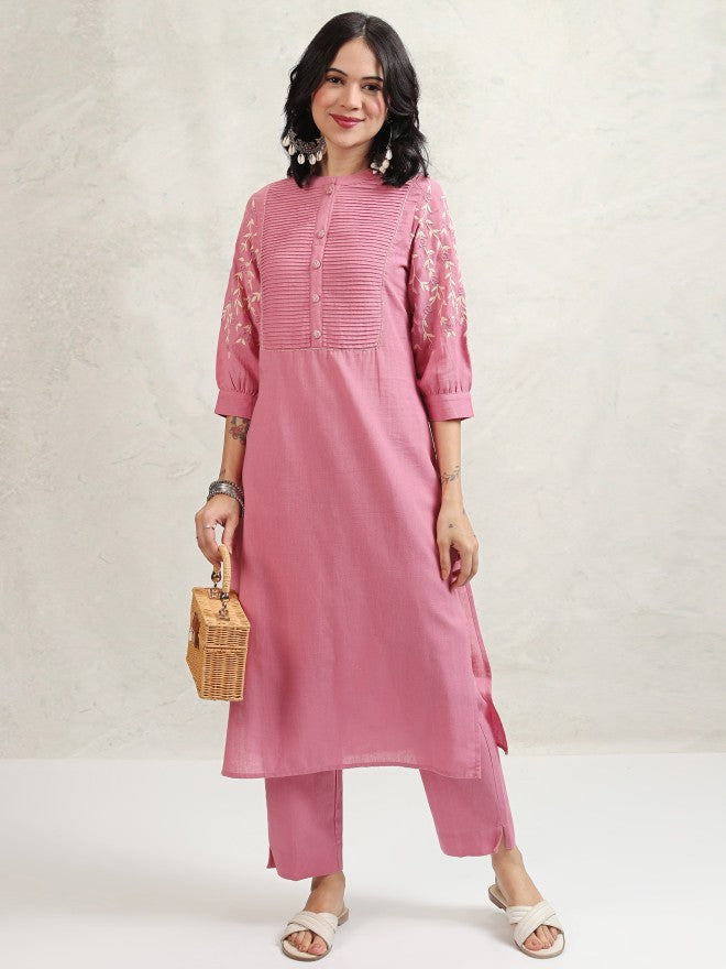Vishudh Women Pink Embroidered Kurta With Trousers - Pink - Image 1