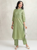 Vishudh Women Green Embroidered Kurta With Trousers - Green - Image 1