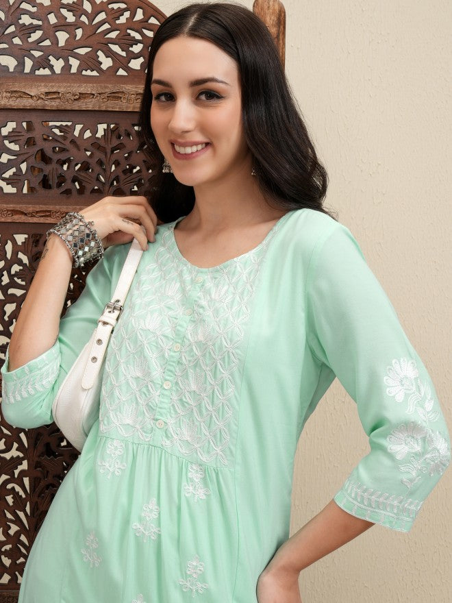 Vishudh Women Green Embroidered Kurta With Trousers And Dupatta - Green - Image 1