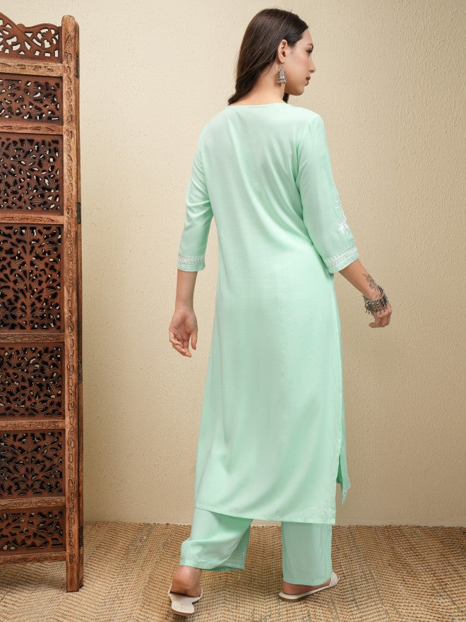 Vishudh Women Green Embroidered Kurta With Trousers And Dupatta - Green - Image 3