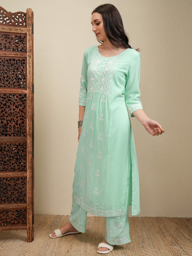 Vishudh Women Green Embroidered Kurta With Trousers And Dupatta - Green - Image 4
