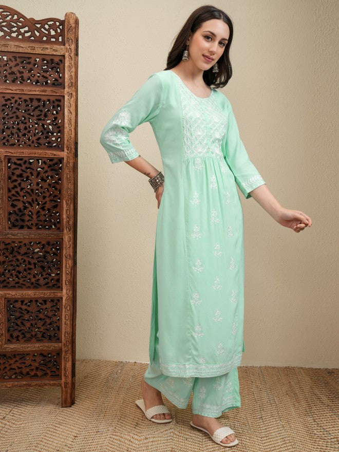 Vishudh Women Green Embroidered Kurta With Trousers And Dupatta - Green - Image 6