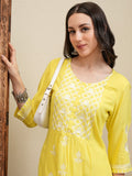 Vishudh Women Yellow Embroidered Kurta With Trouser And Dupatta - Yellow - Image 1