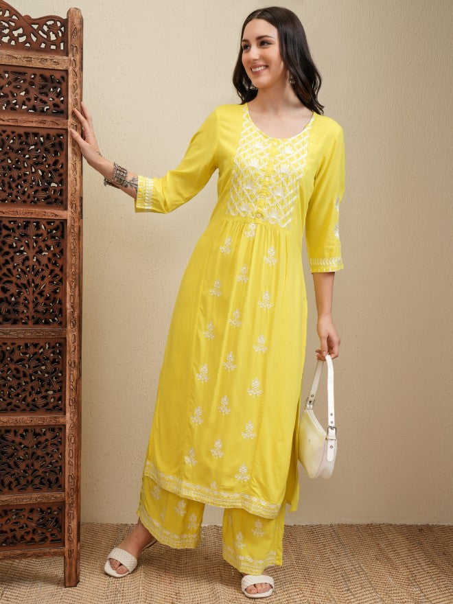 Vishudh Women Yellow Embroidered Kurta With Trouser And Dupatta - Yellow - Image 2